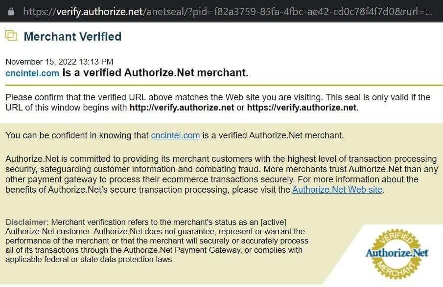 Popup windows showing that ciaglobalintel.com is Verified by Authorize.Net